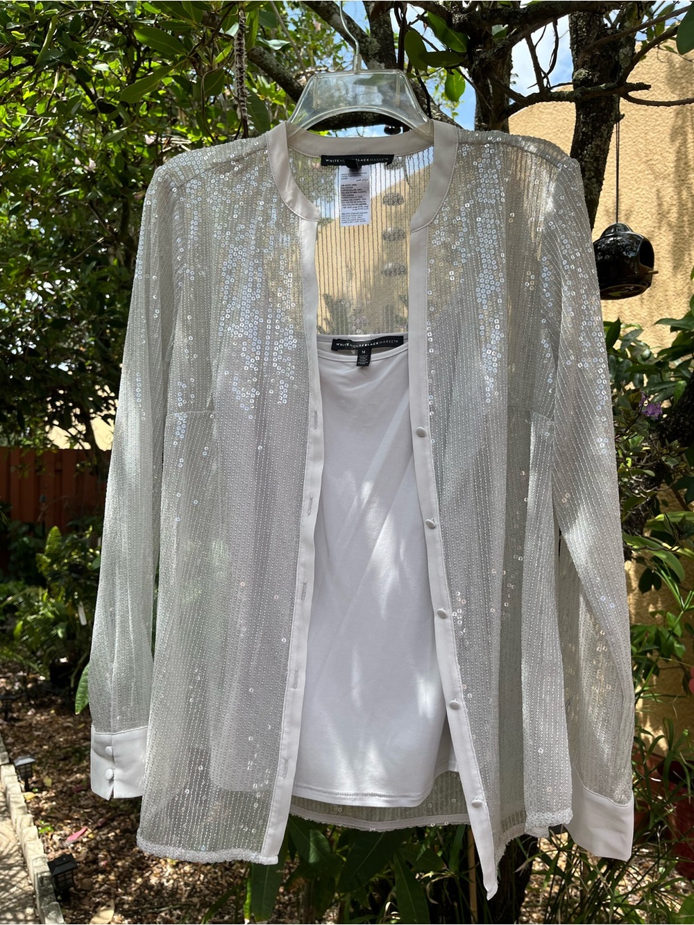 White House Black Market Sheer Metallic Silver Mesh Blouse, Women’s size Medium